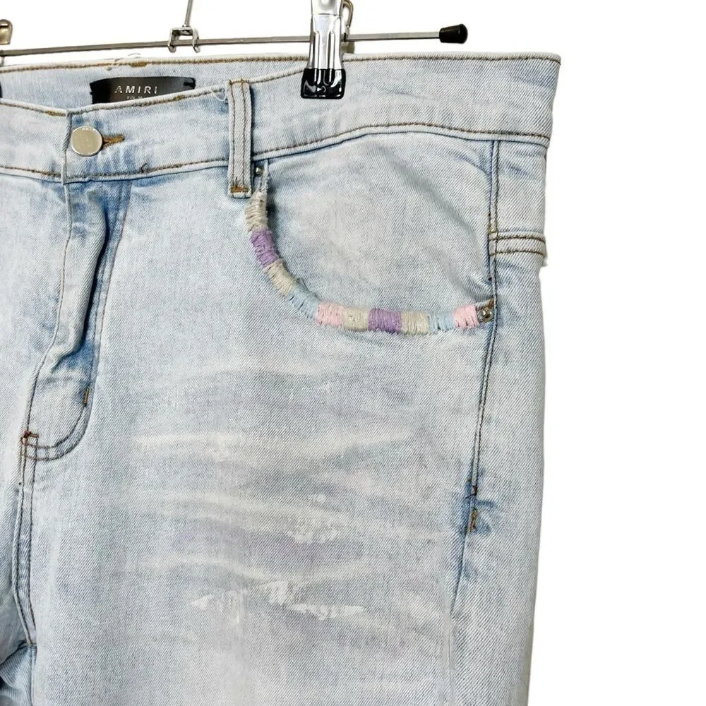 AMIRI Painter Distressed Skinny Jeans Men's Size 36 Blue Tie‎ Dye Paint Spots